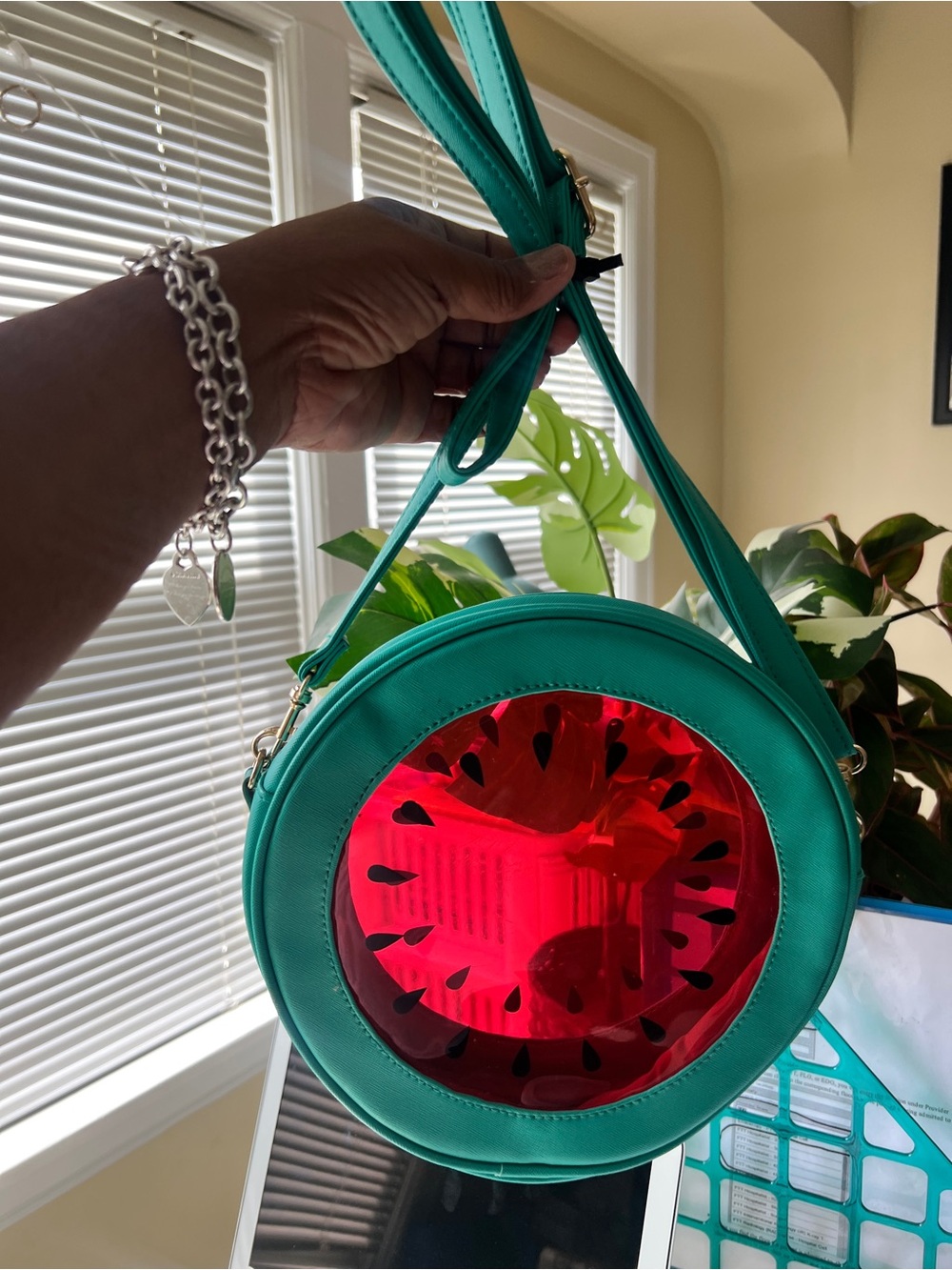 Teal Round Watermelon-Print Crossbody Bag